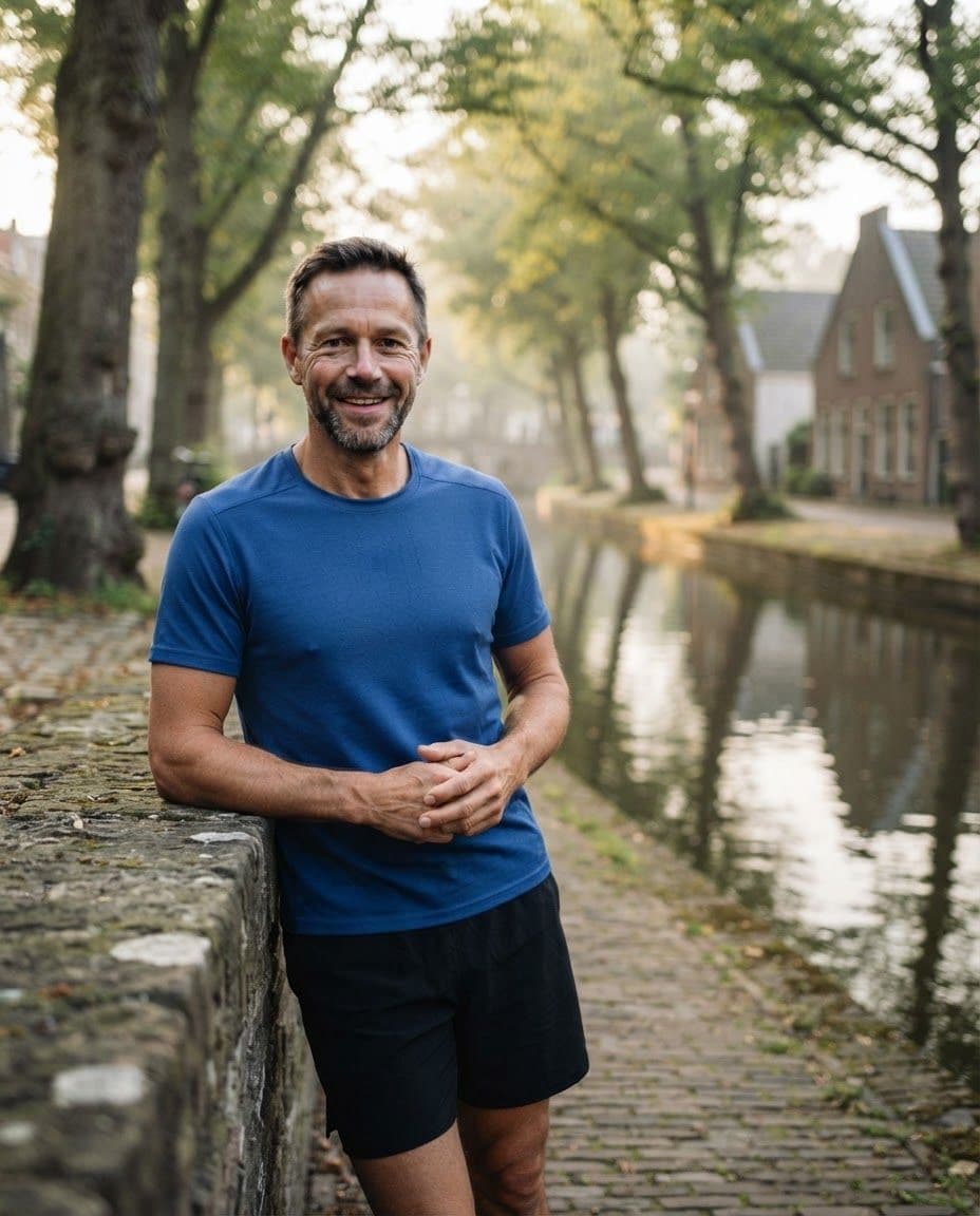 Een ervaren haas in een blauw hardloopshirt, vriendelijk lachend langs een Utrechtse singel