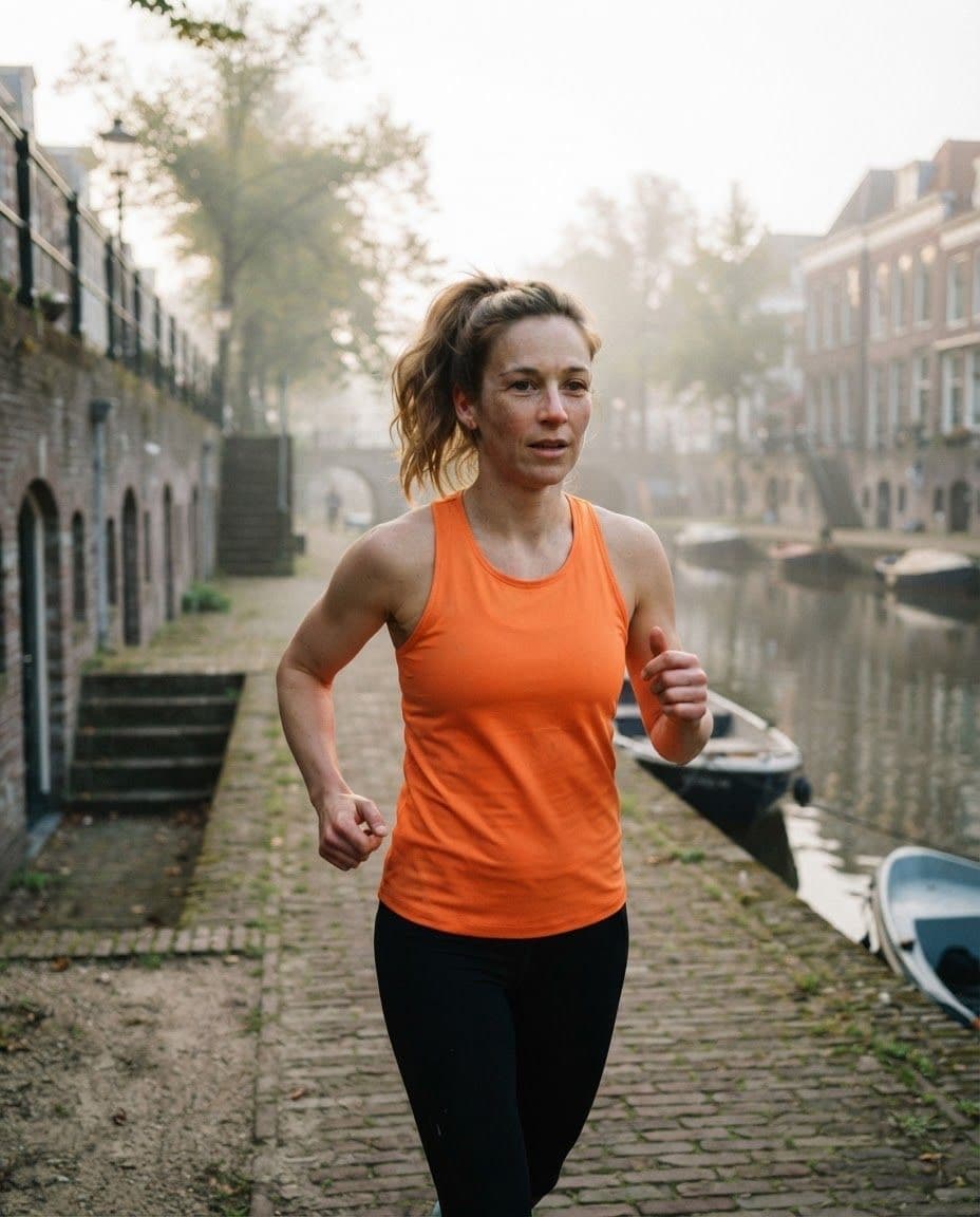 Een hardloper op een jaagpad langs een gracht in het ochtendlicht